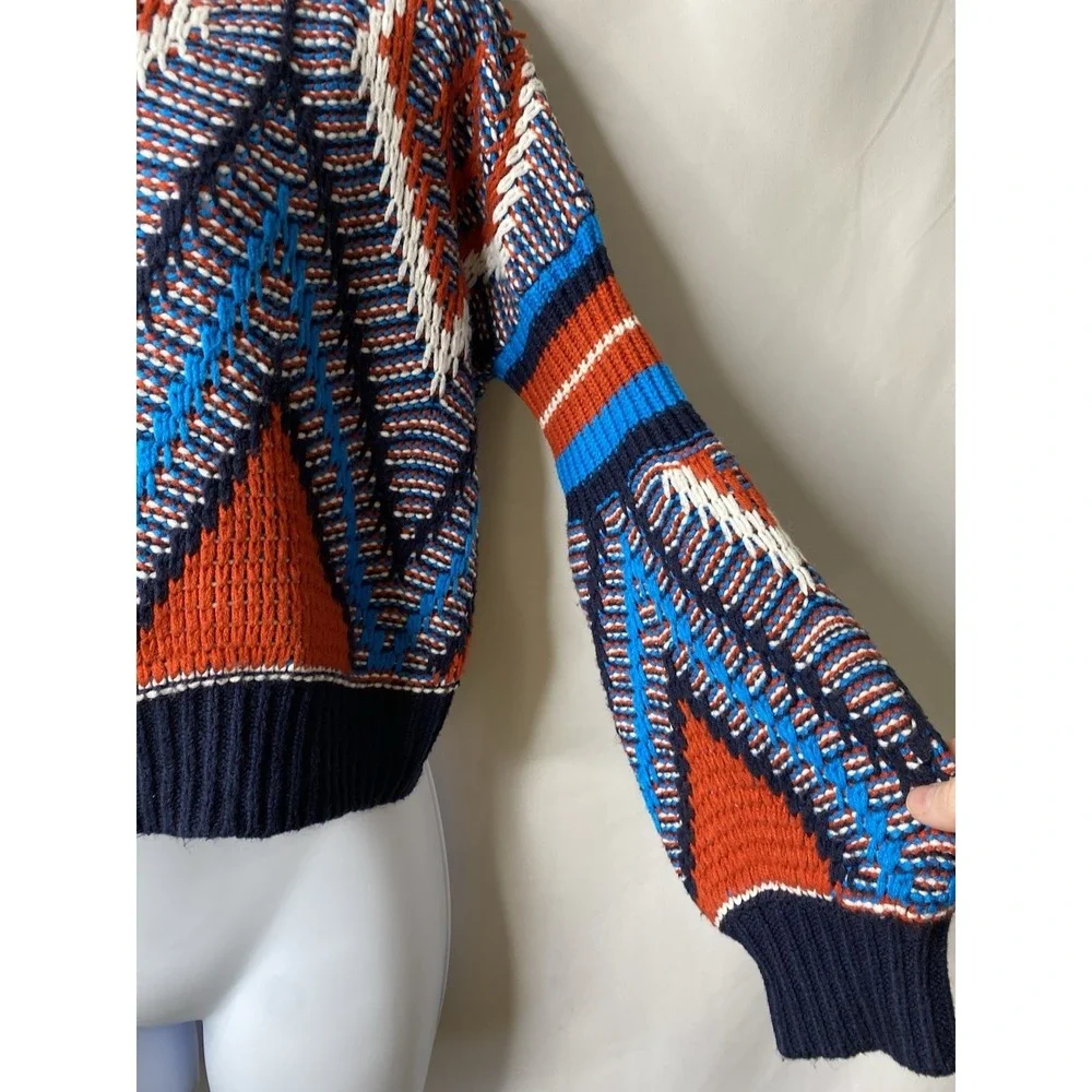 Womens Aztec Chunky Knit Sweater Measures Medium Cropped Fall Artsy Street wear